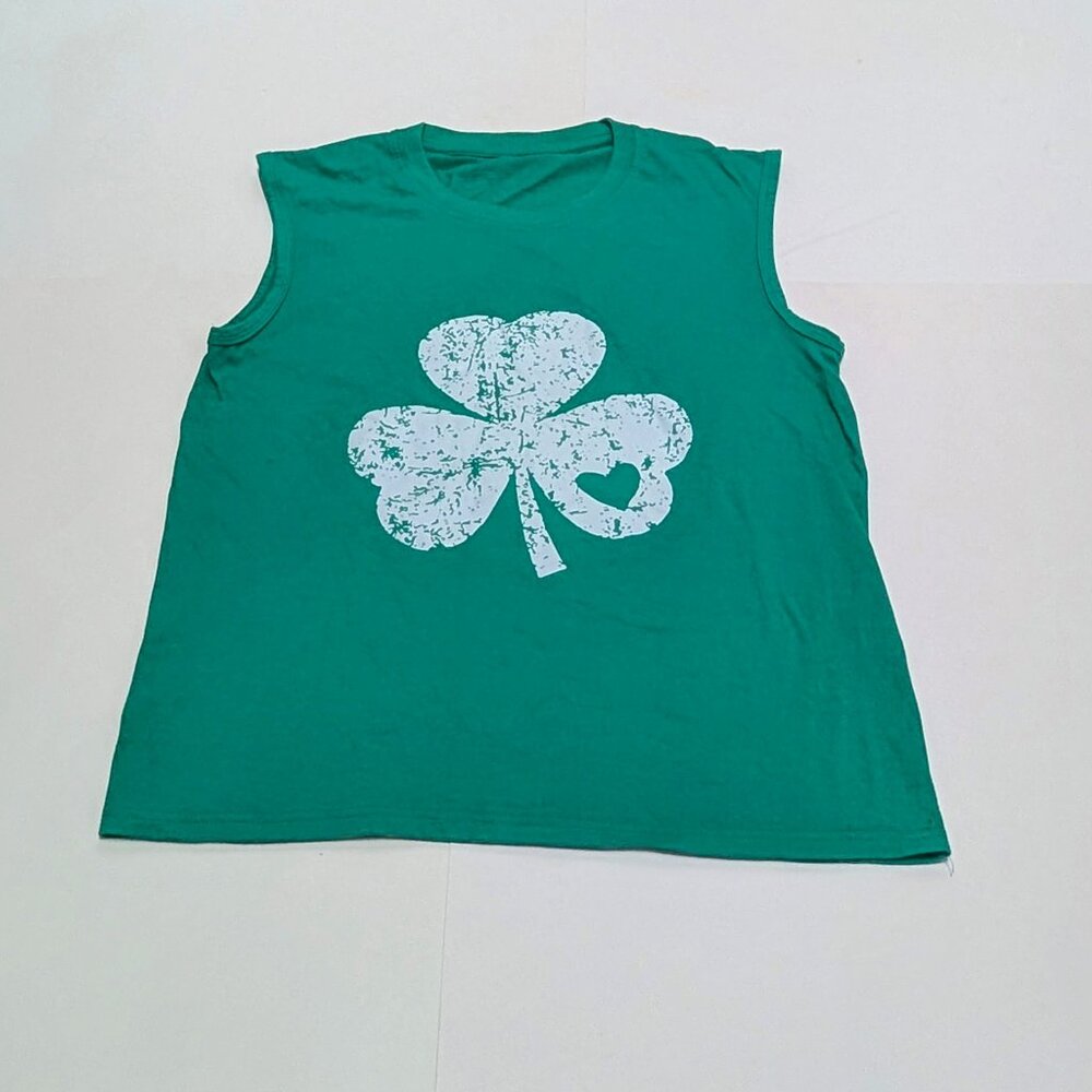 St. Patrick's Day Shirt Green Clover Heart Sleeveless Crewneck Unisex Small to M